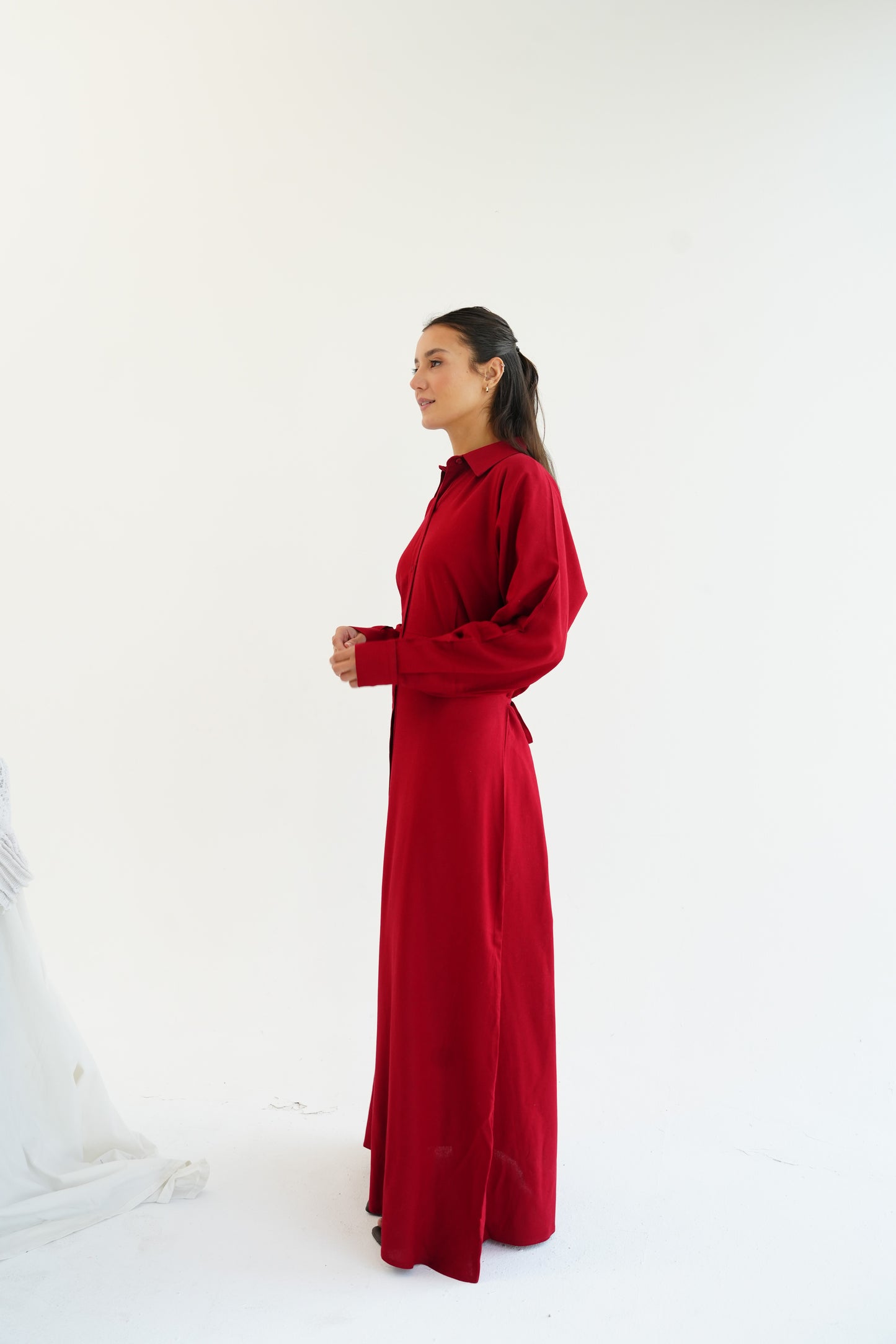 Linen Flow Shirt Dress in Red