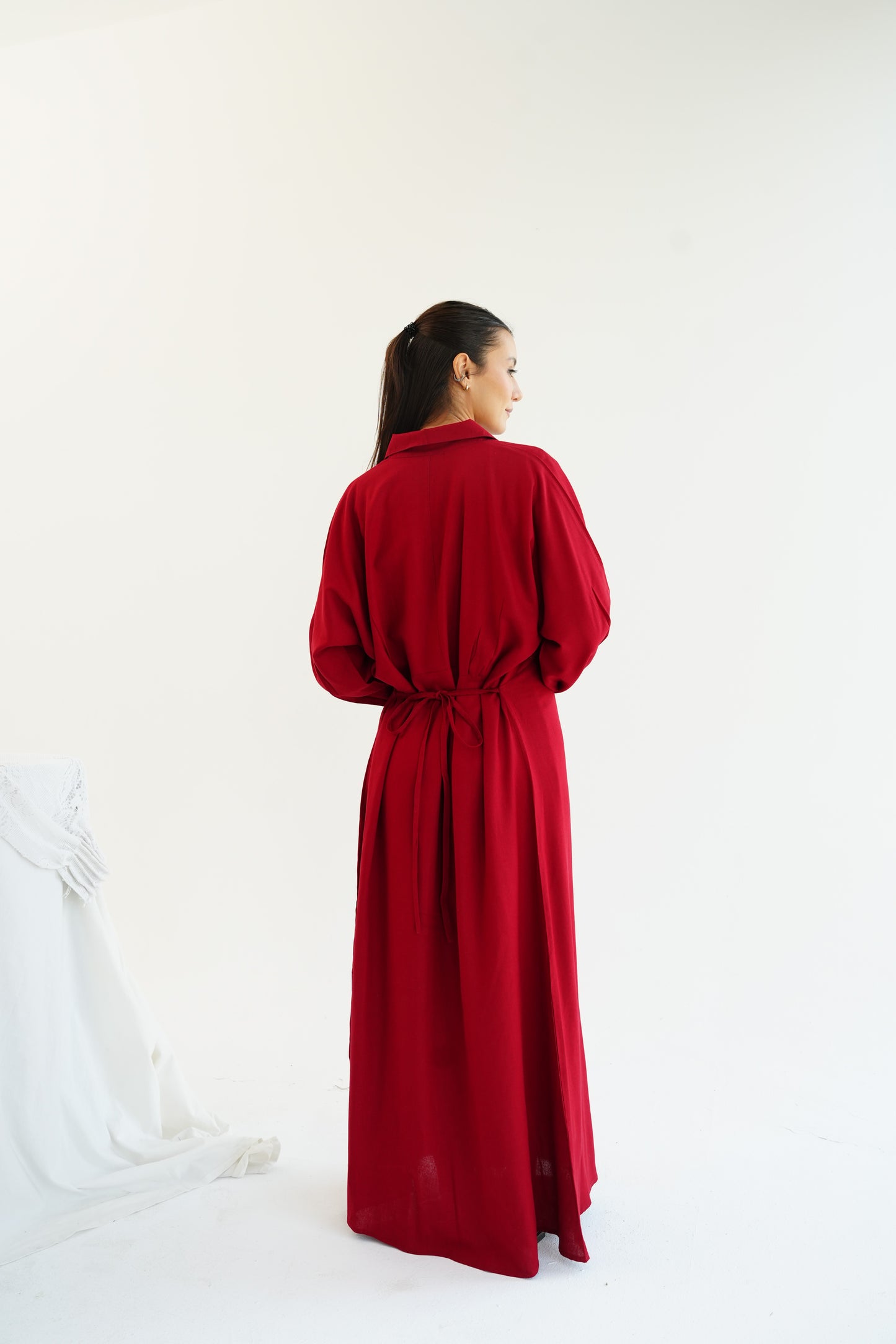 Linen Flow Shirt Dress in Red
