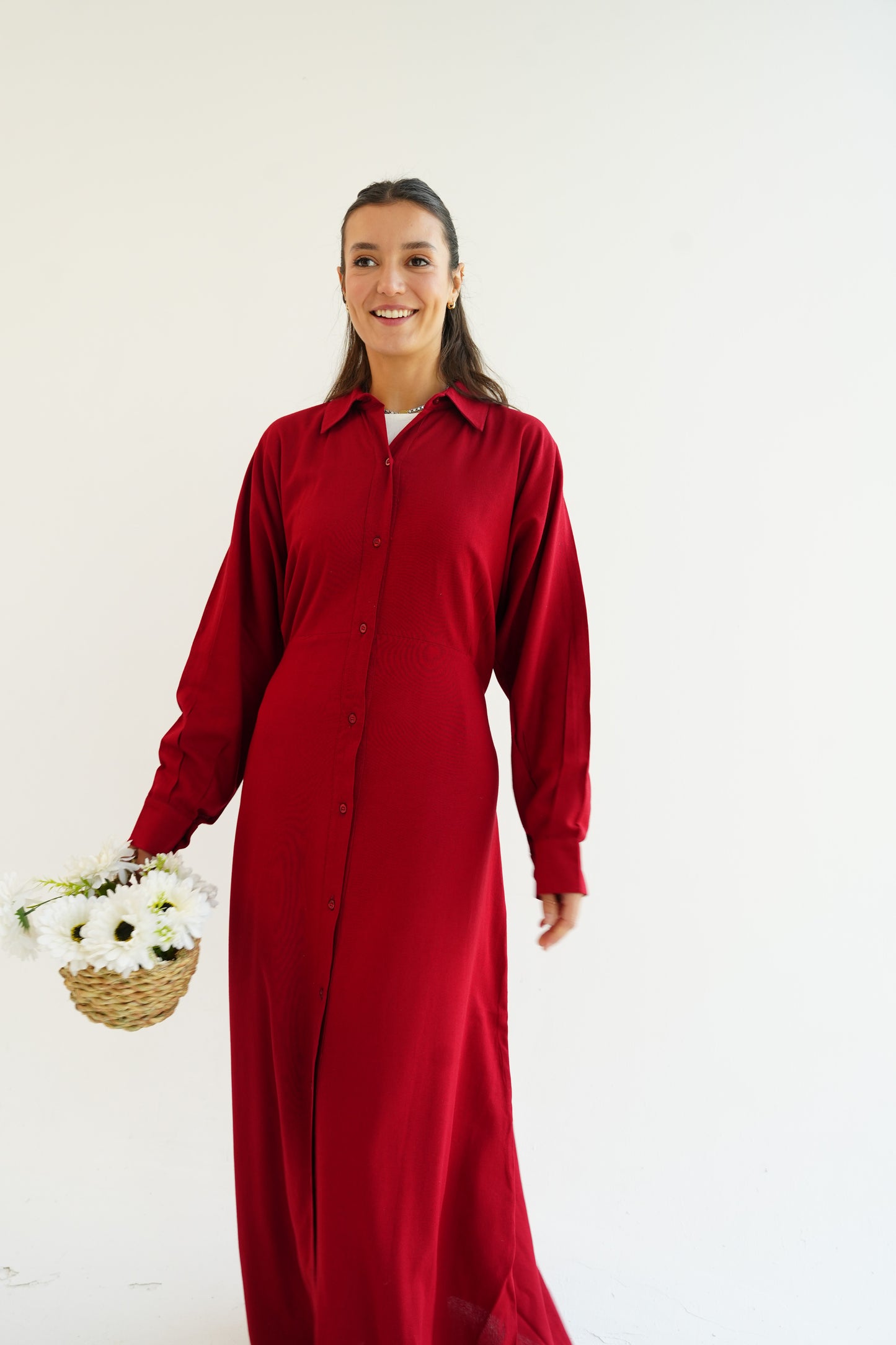 Linen Flow Shirt Dress in Red