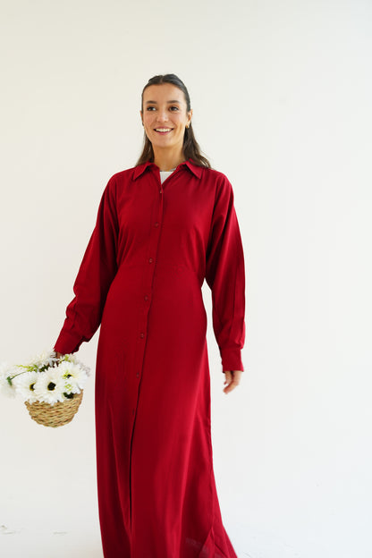 Linen Flow Shirt Dress in Red