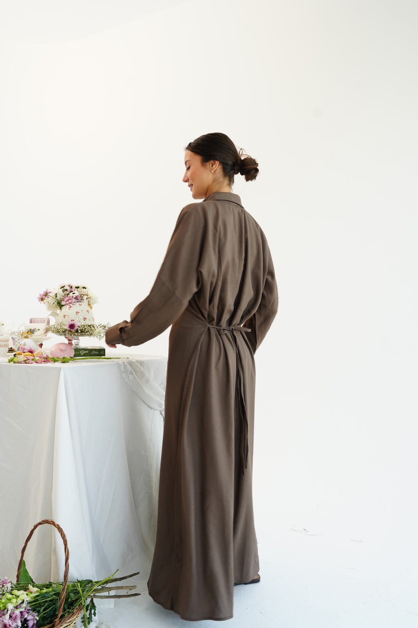 Linen Flow Shirt Dress in Brown