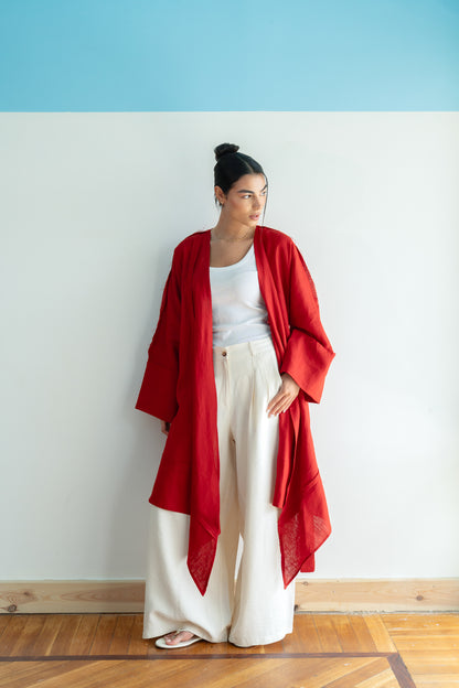 Flow Linen Cardigan in Red
