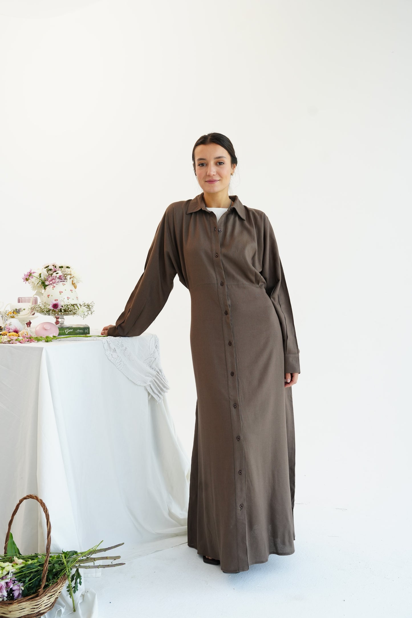 Linen Flow Shirt Dress in Brown
