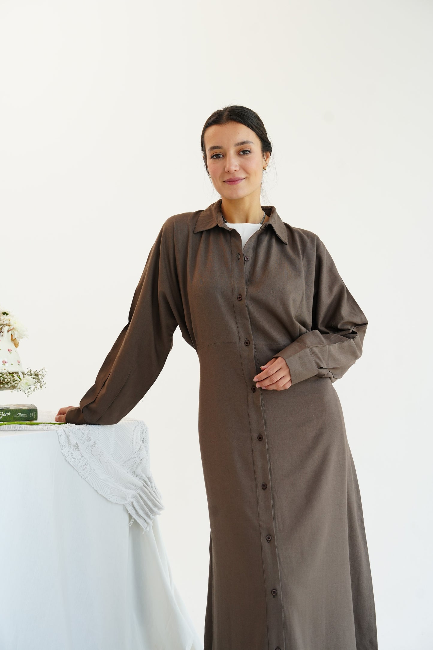 Linen Flow Shirt Dress in Brown