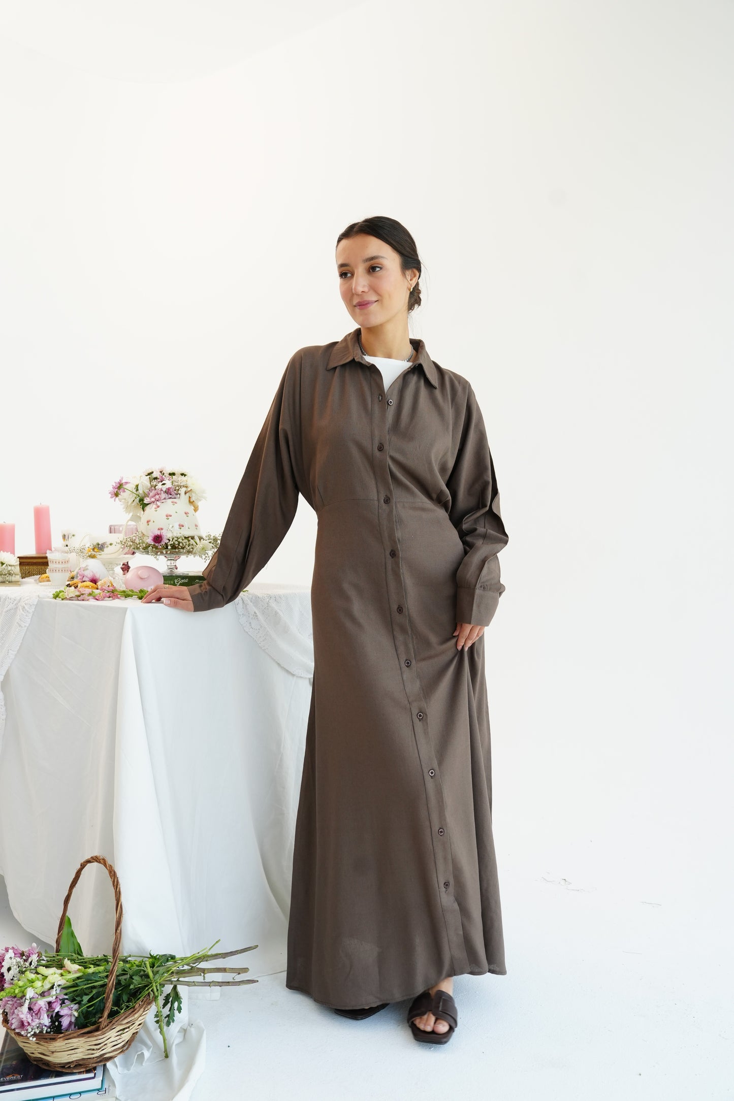 Linen Flow Shirt Dress in Brown