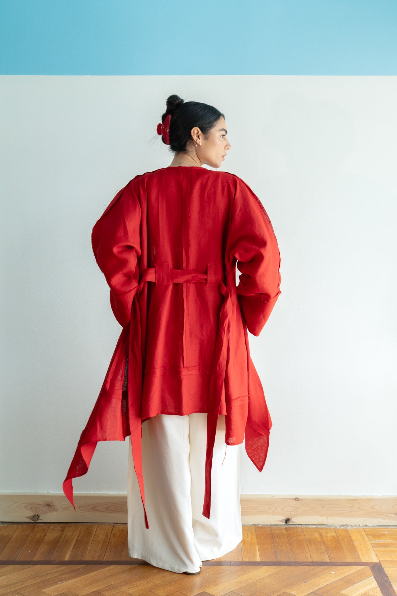 Flow Linen Cardigan in Red