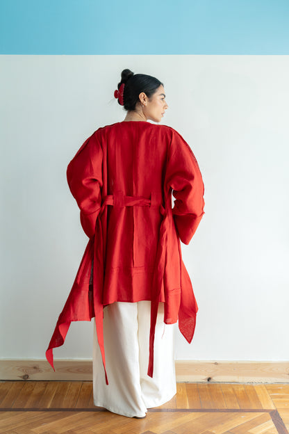 Flow Linen Cardigan in Red