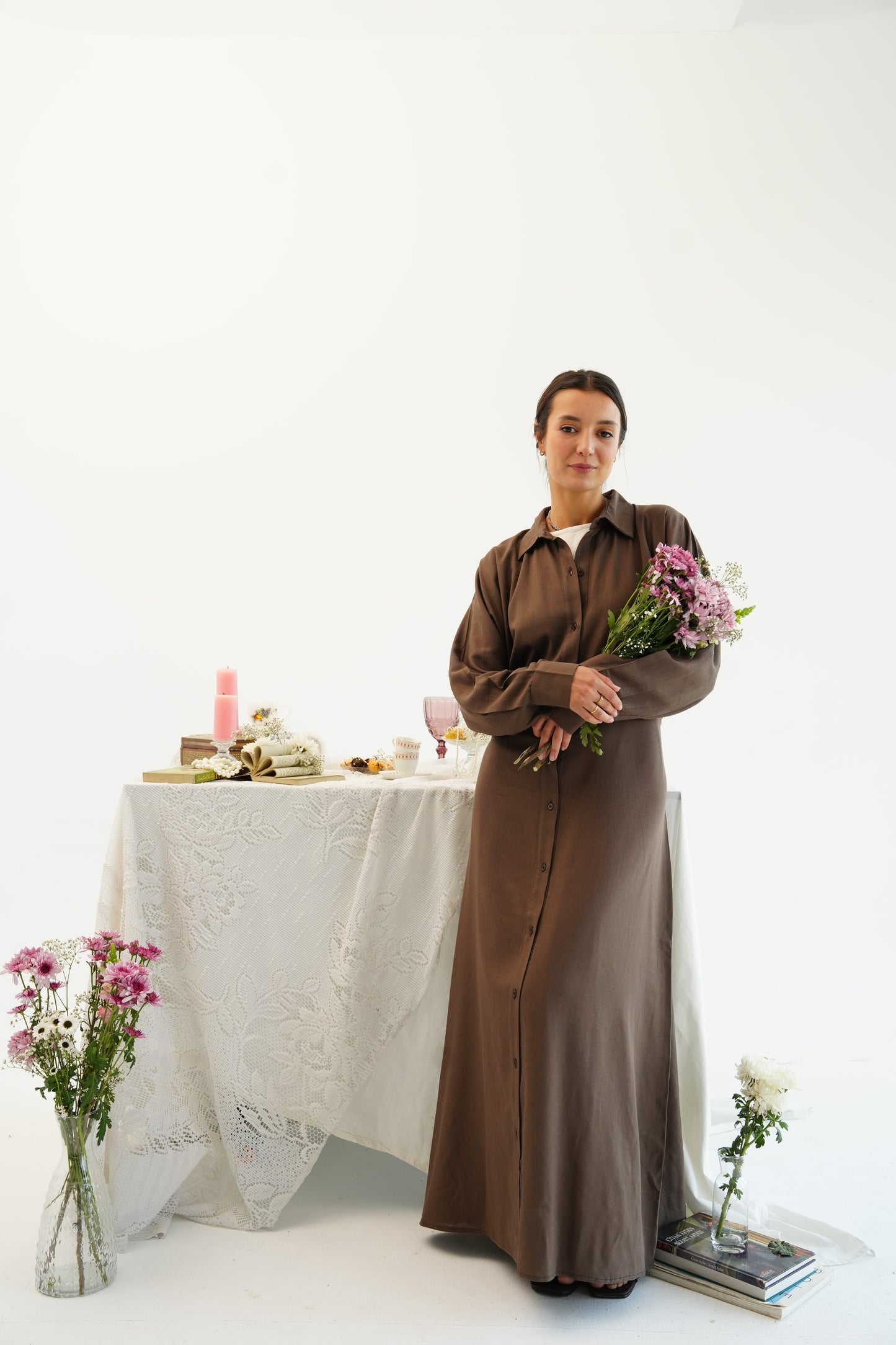 Linen Flow Shirt Dress in Brown