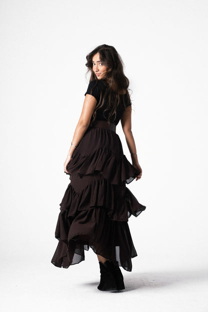 Ruffle Chiffon Skirt in Brown