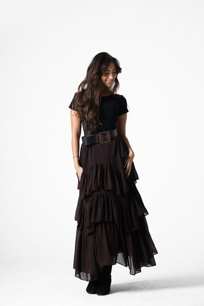 Ruffle Chiffon Skirt in Brown
