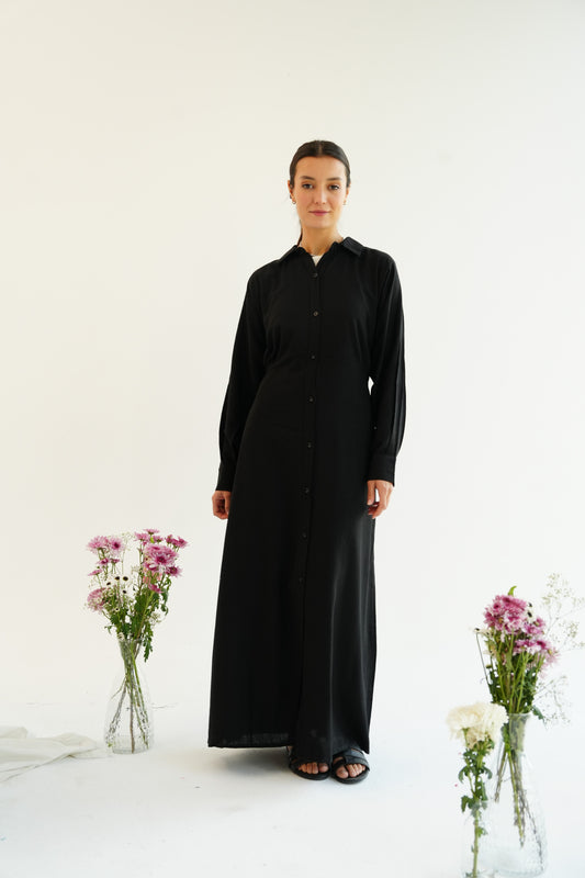 Linen Flow Shirt Dress in Black