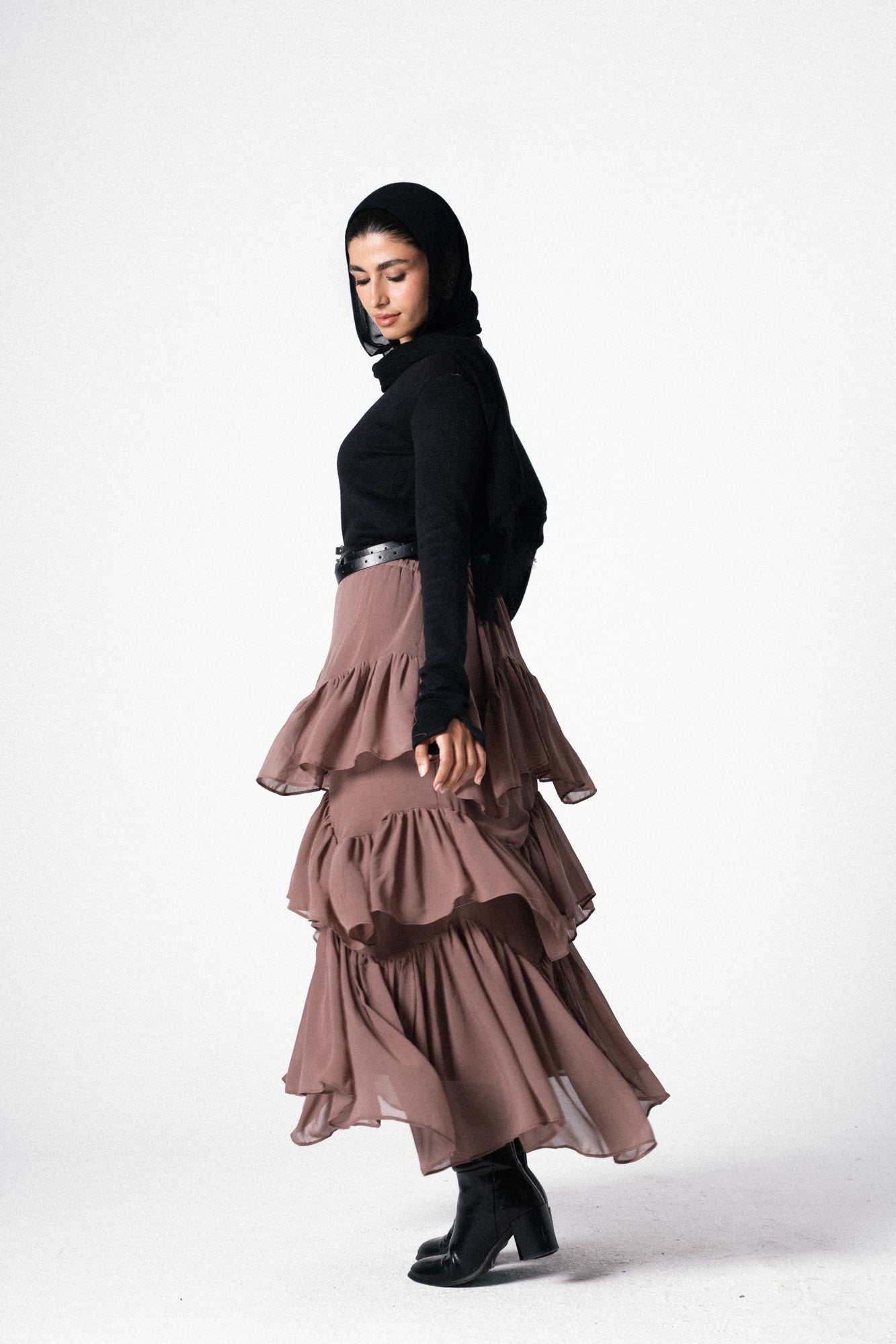 Ruffle Chiffon Skirt in Cafe