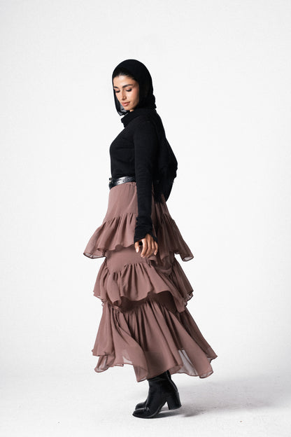 Ruffle Chiffon Skirt in Cafe