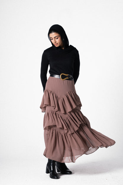 Ruffle Chiffon Skirt in Cafe