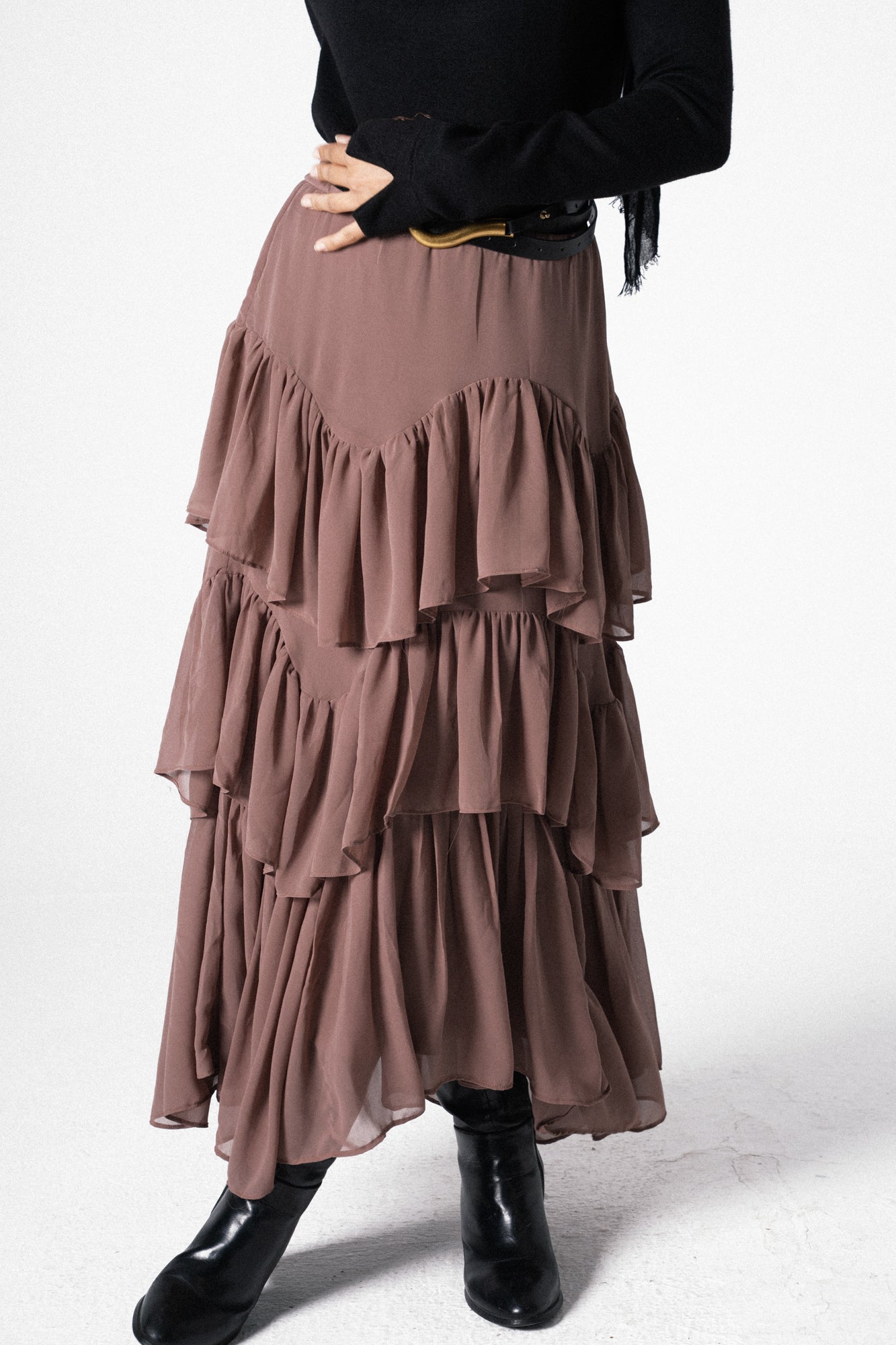 High Slit Tiered Chiffon Ruffle Skirt Dress Spa