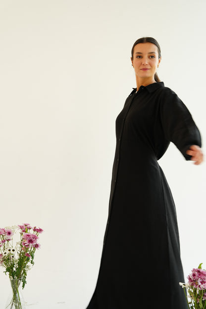 Linen Flow Shirt Dress in Black