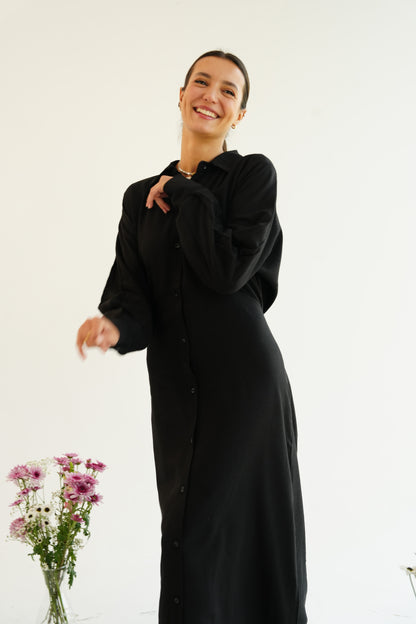 Linen Flow Shirt Dress in Black