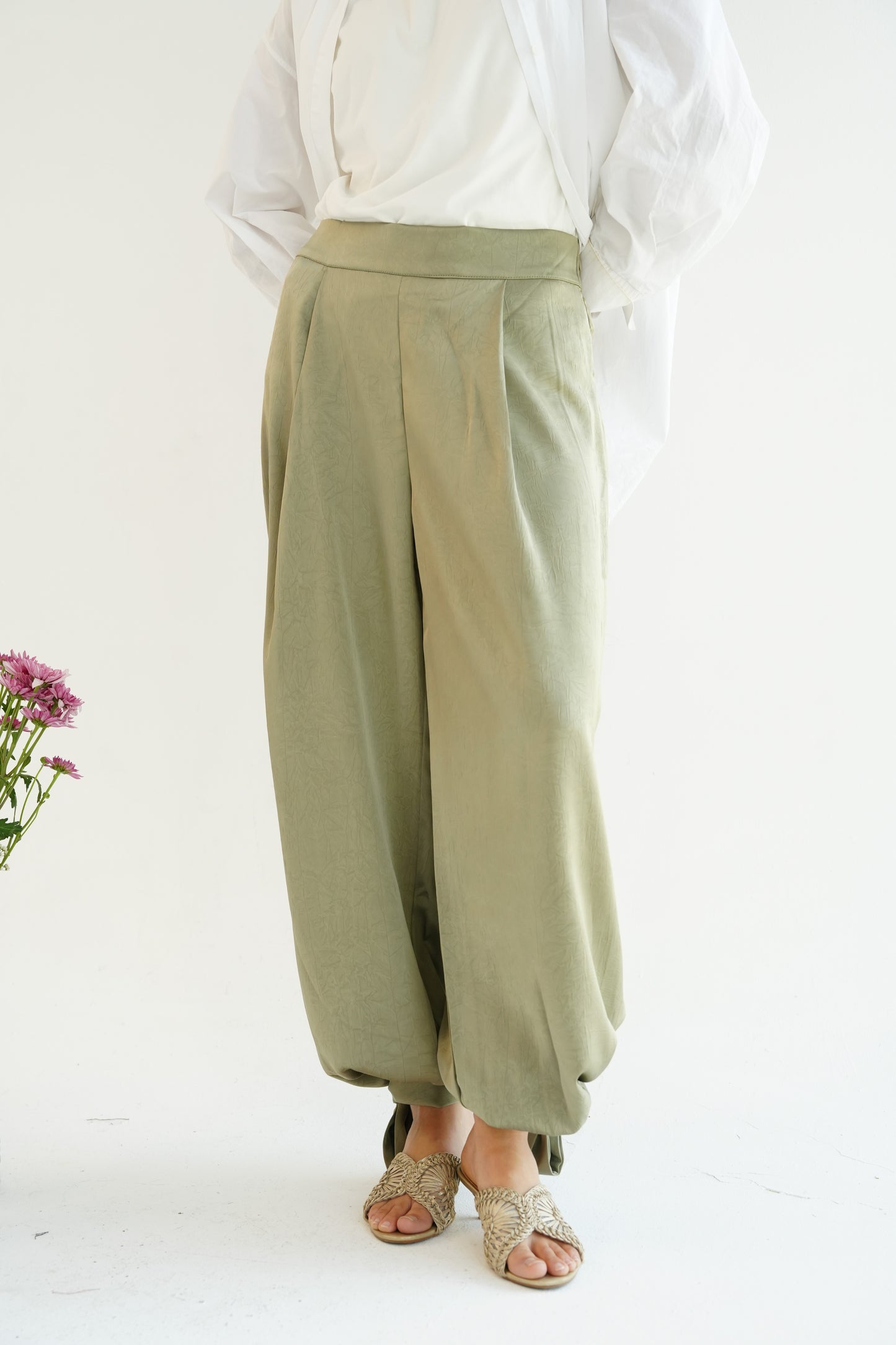 Satin Balloon Pants in Mint Green
