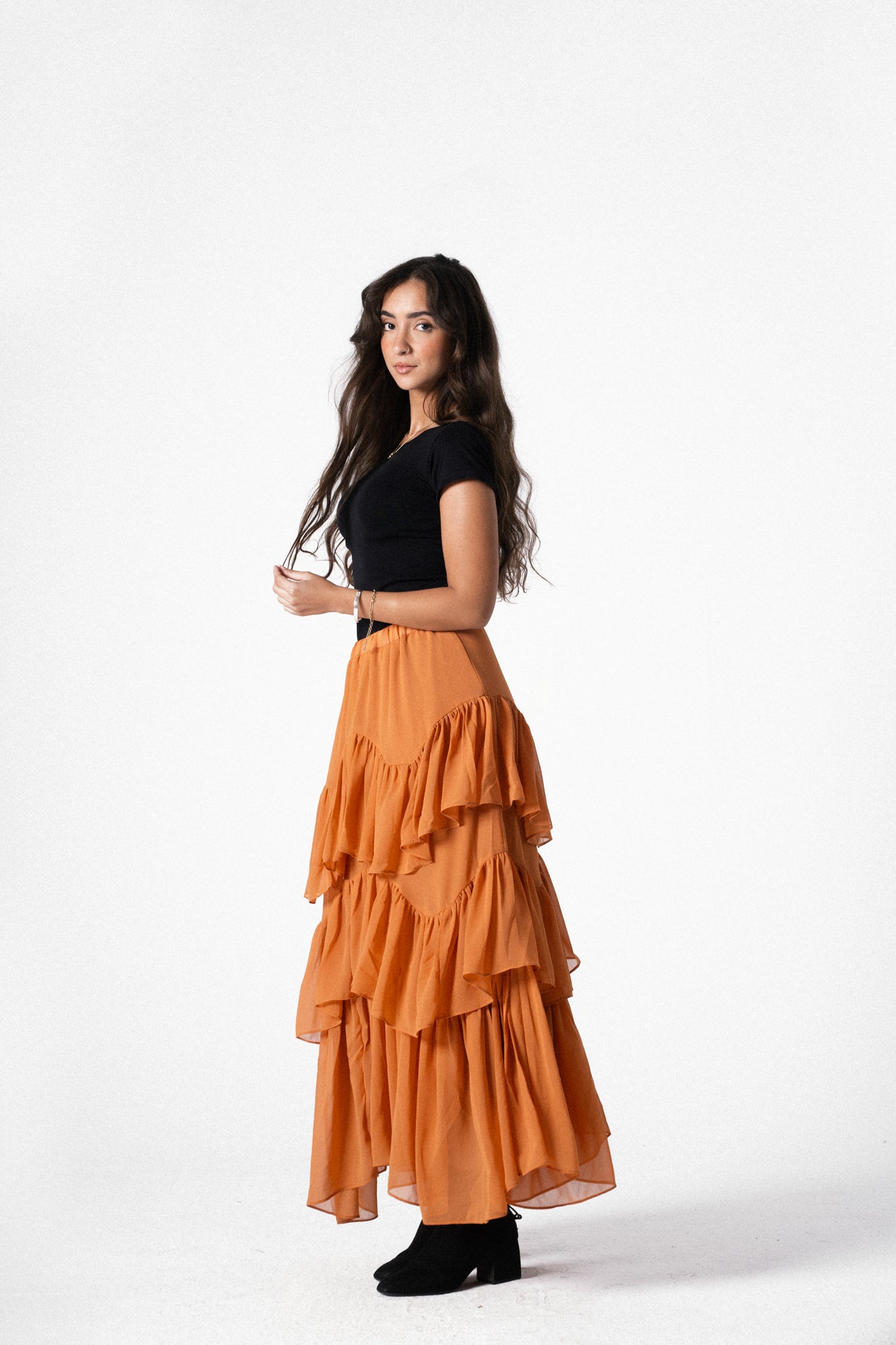 Ruffle Chiffon Skirt in Orange