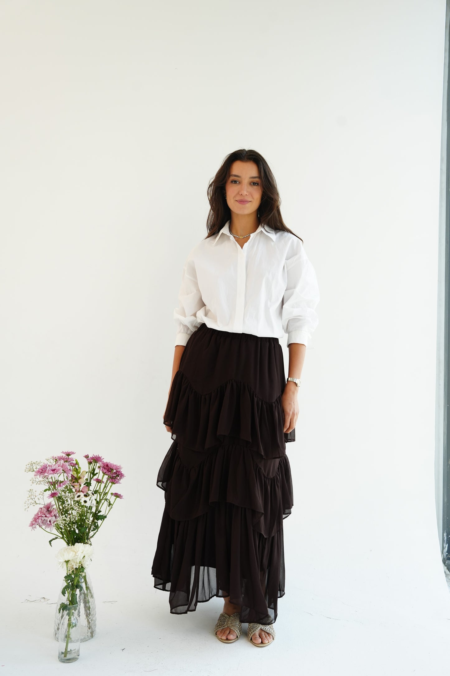 Ruffle Chiffon Skirt in Brown