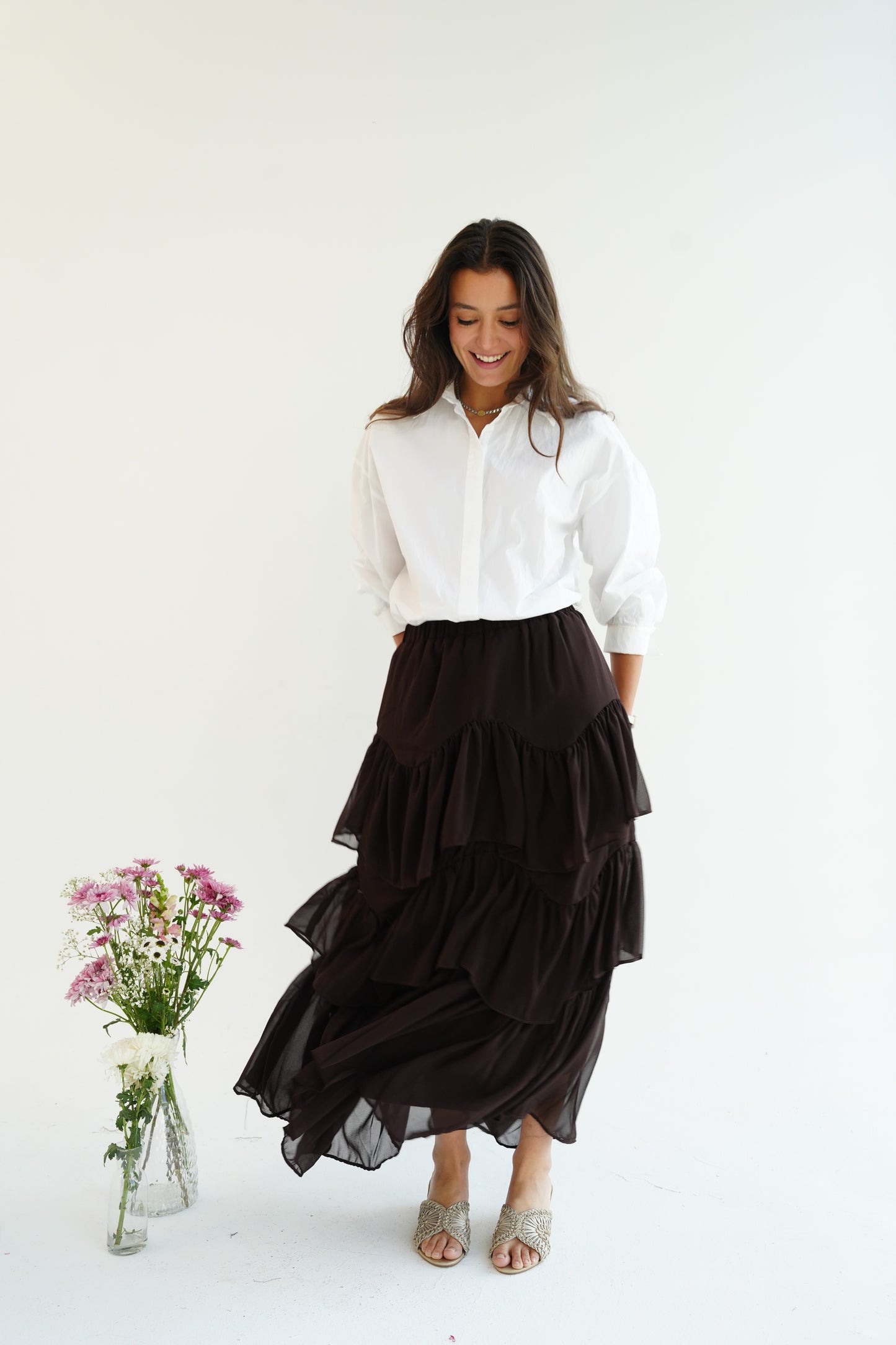 Ruffle Chiffon Skirt in Brown