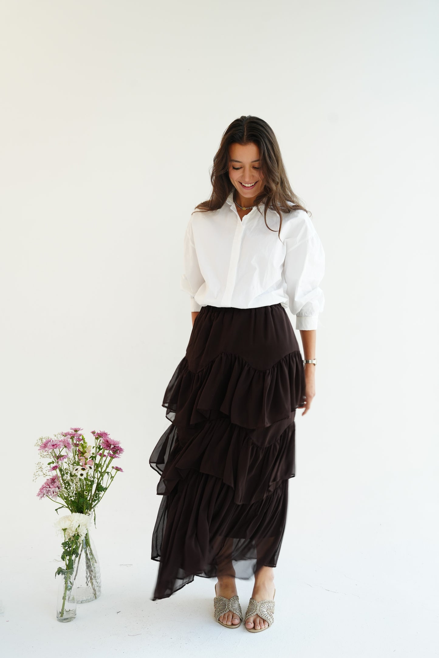 Ruffle Chiffon Skirt in Brown