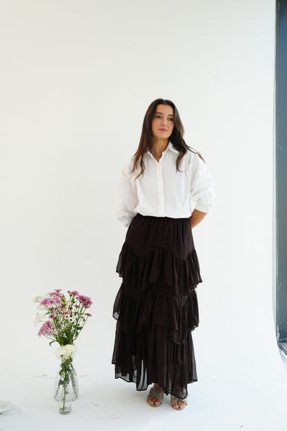 Ruffle Chiffon Skirt in Brown