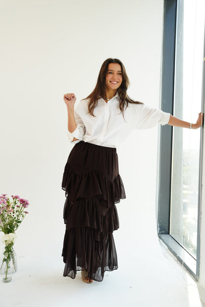 Ruffle Chiffon Skirt in Brown