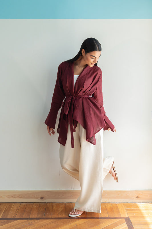 Everyday Linen Cardigan in Burgundy