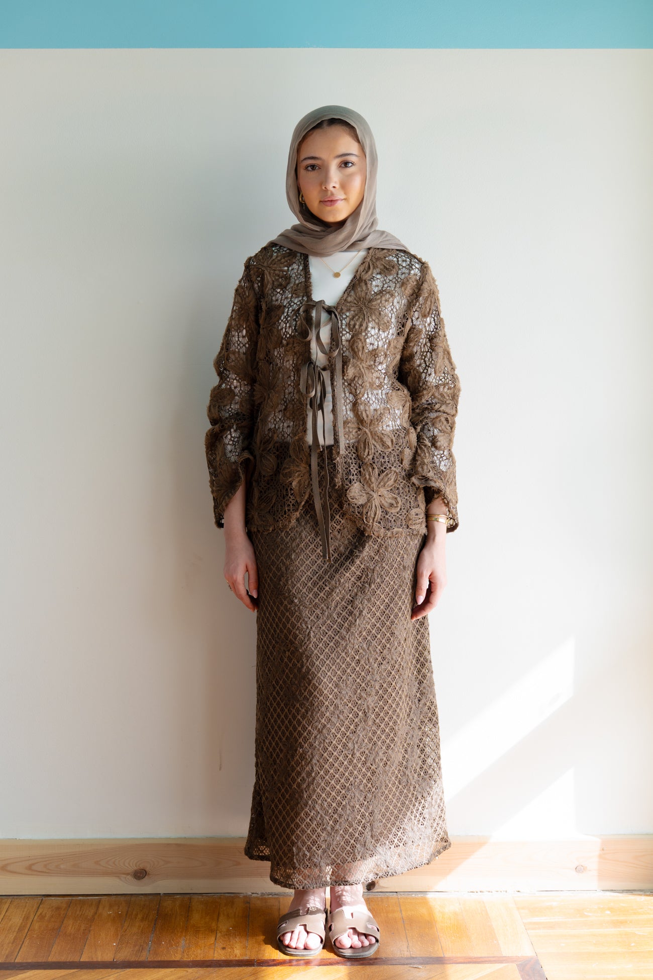 Lace Organza Floral Cardigan in Brown