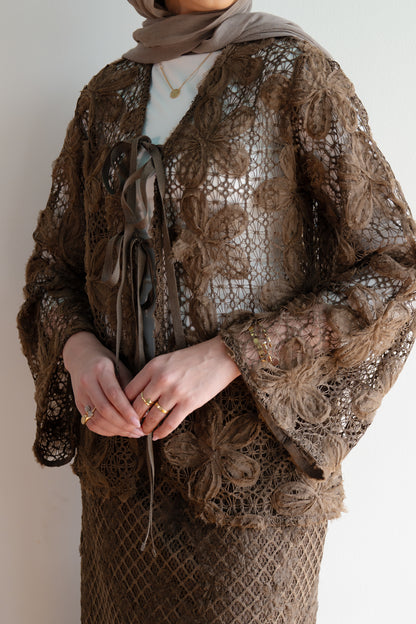 Lace Organza Floral Cardigan in Brown