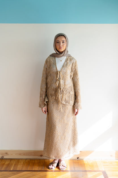 Lace Organza Floral Skirt in Beige