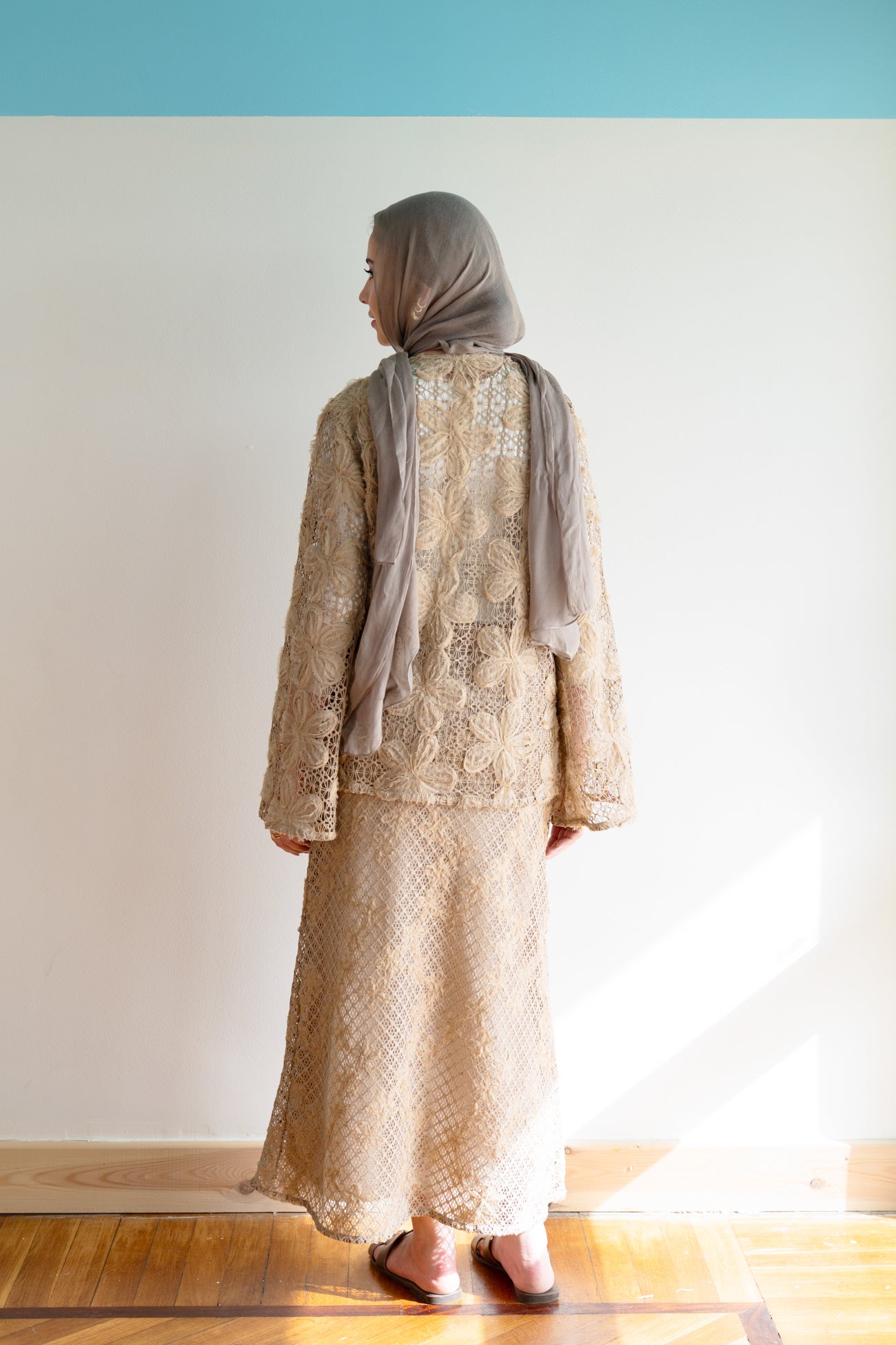 Lace Organza Floral Skirt in Beige