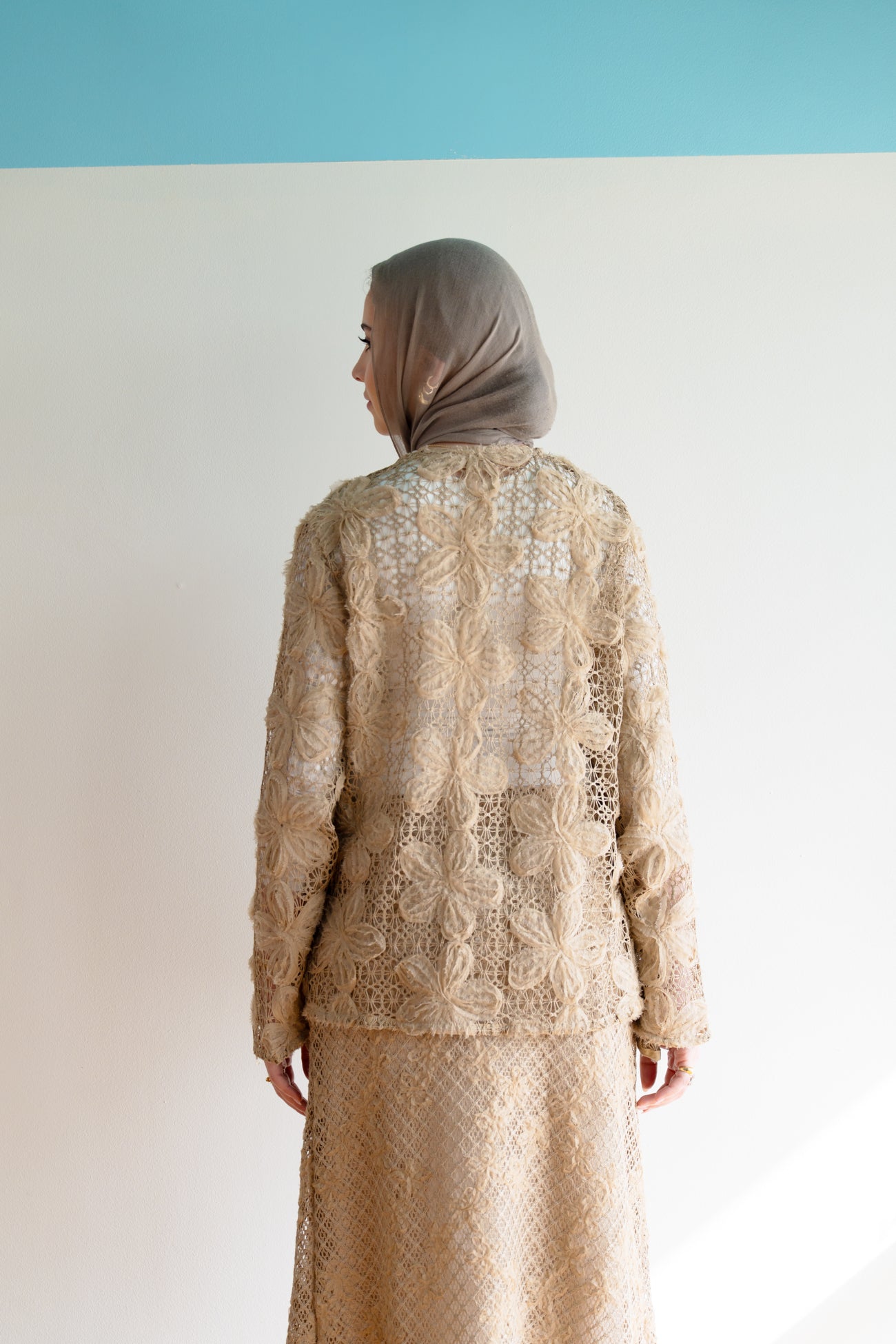 Lace Organza Floral Cardigan in Beige