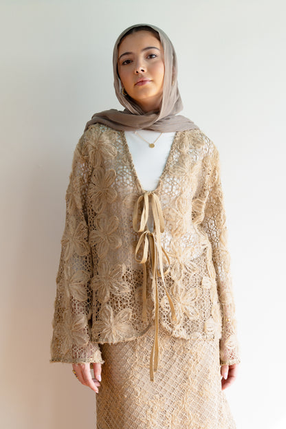 Lace Organza Floral Cardigan in Beige