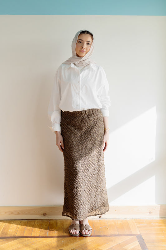 Lace Organza Floral Skirt in Brown