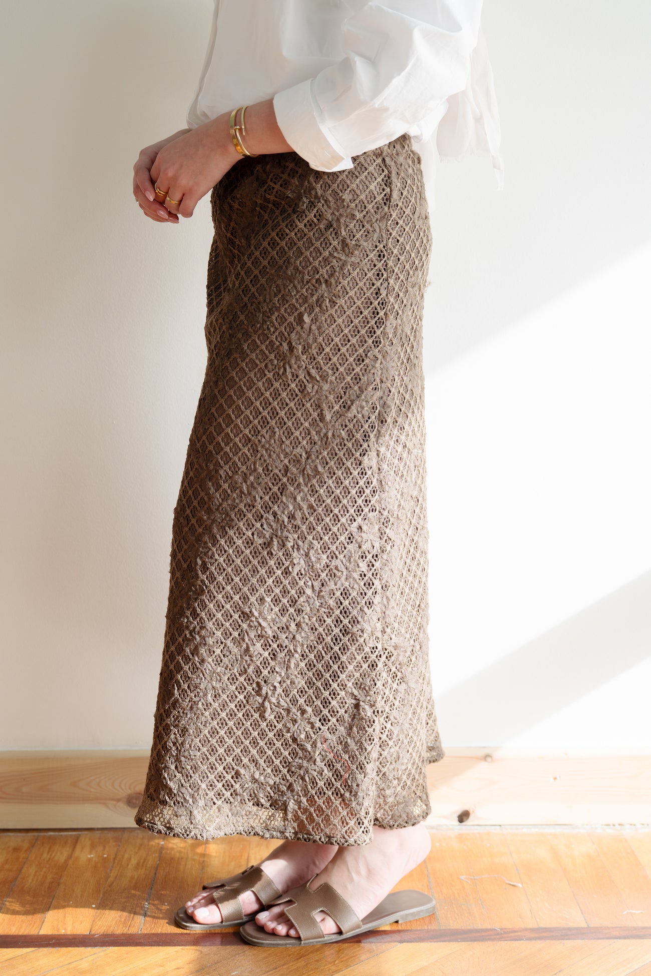 Lace Organza Floral Skirt in Brown