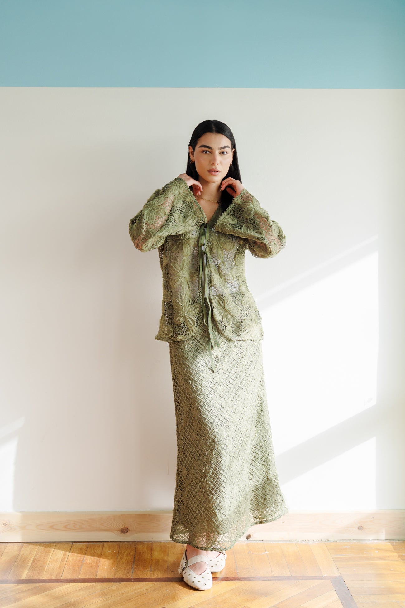 Lace Organza Floral Cardigan in Olive