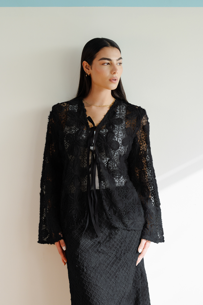 Lace Organza Floral Cardigan in Black