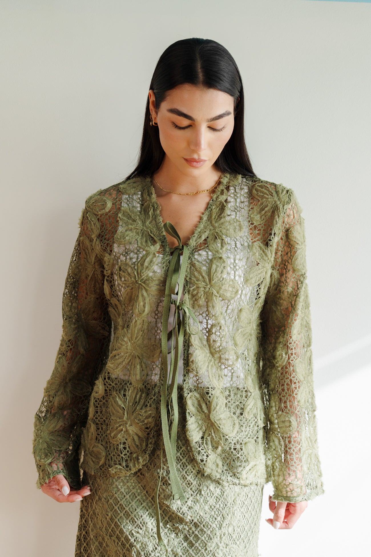 Lace Organza Floral Cardigan in Olive