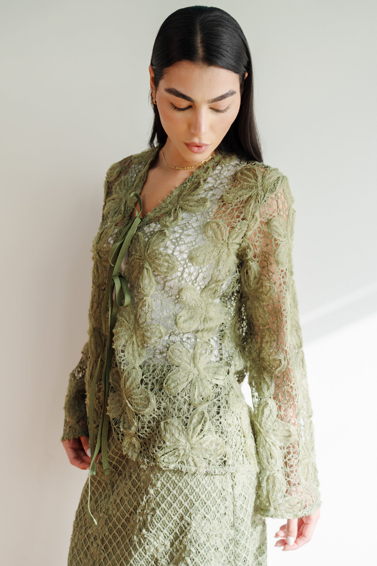 Lace Organza Floral Cardigan in Olive