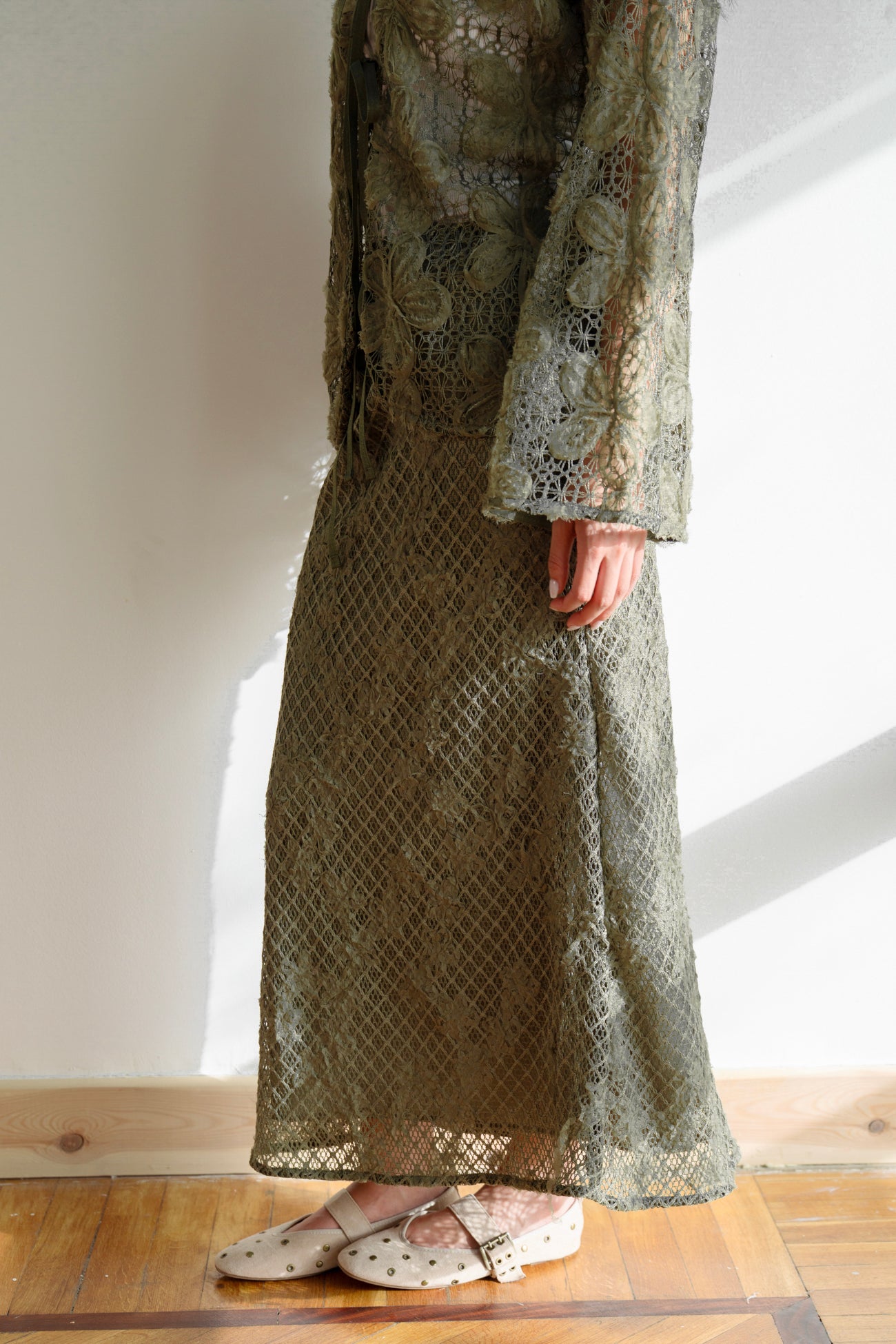 Lace Organza Floral Skirt in Olive