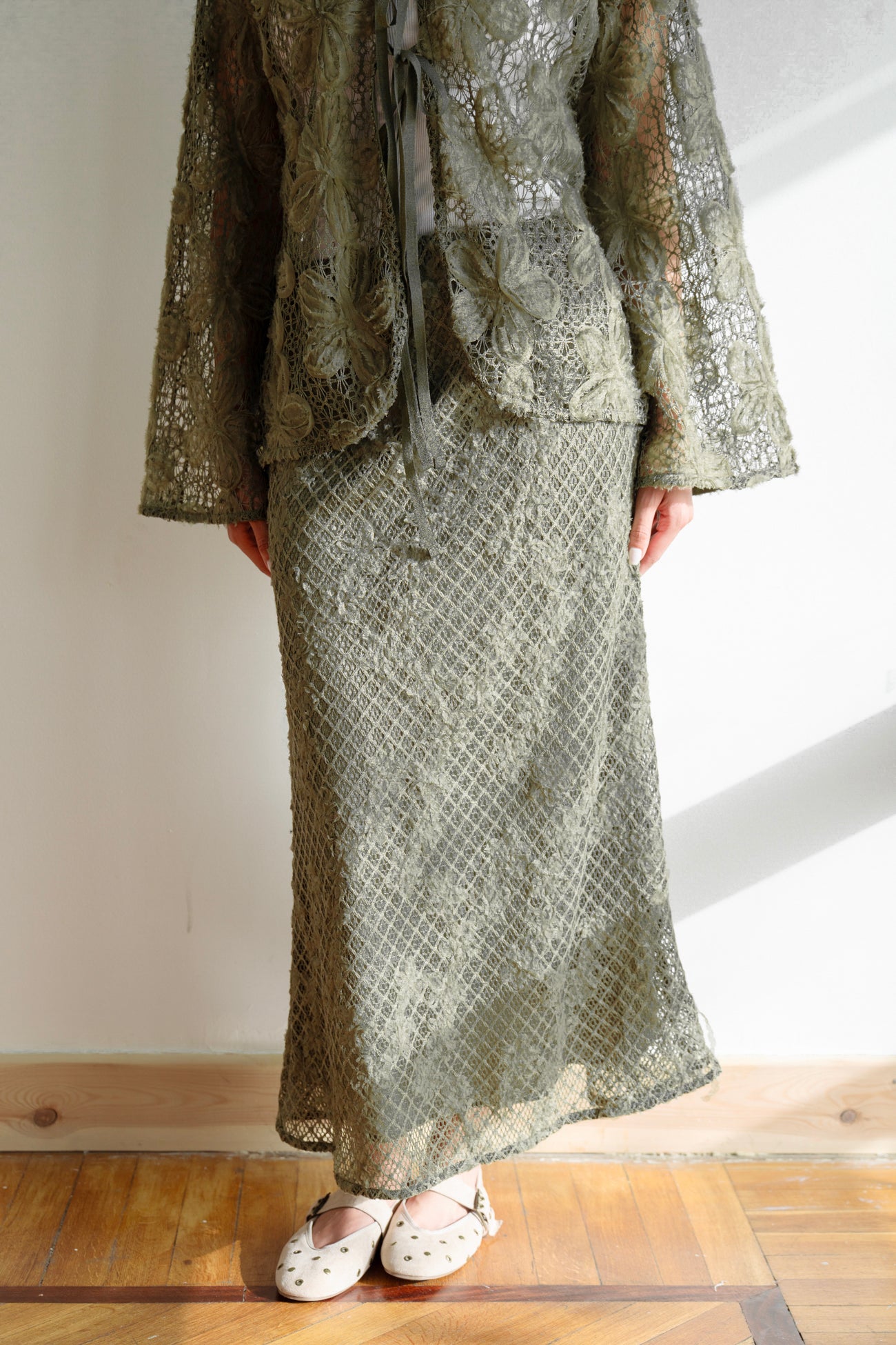 Lace Organza Floral Skirt in Olive