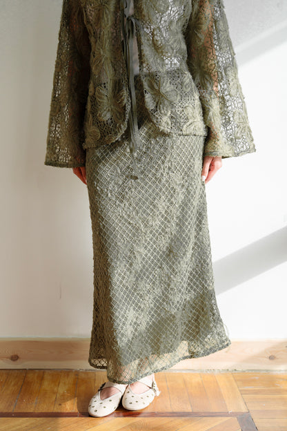 Lace Organza Floral Skirt in Olive