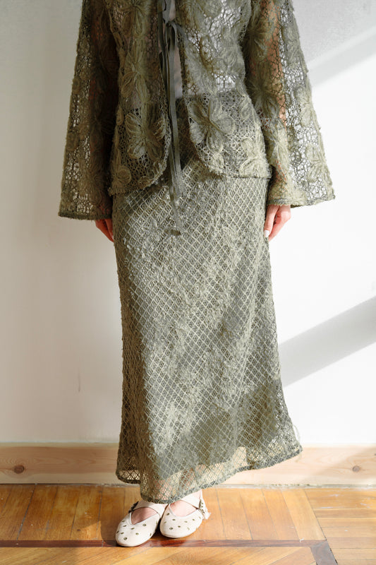 Lace Organza Floral Skirt in Olive