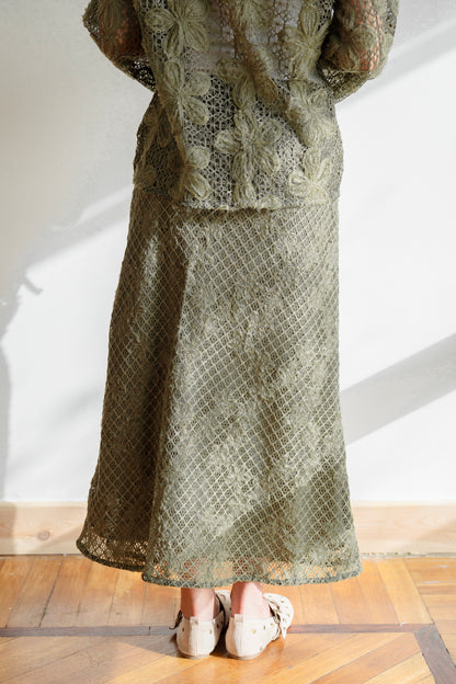 Lace Organza Floral Skirt in Olive