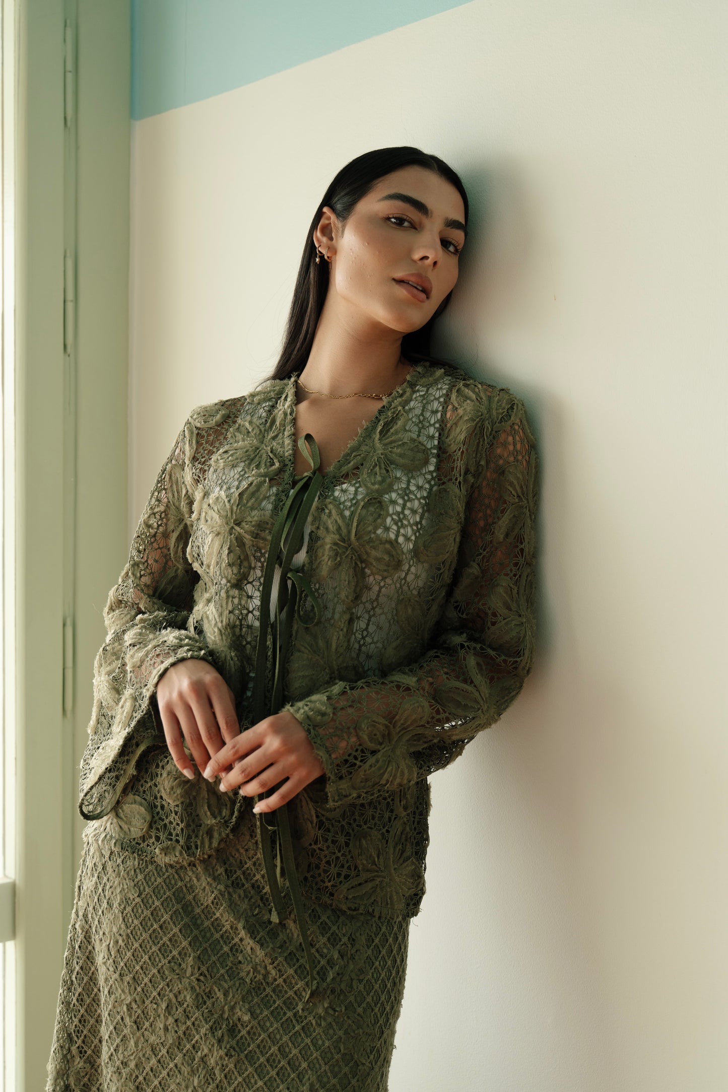 Lace Organza Floral Cardigan in Olive