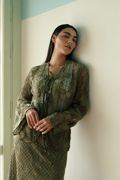 Lace Organza Floral Cardigan in Olive