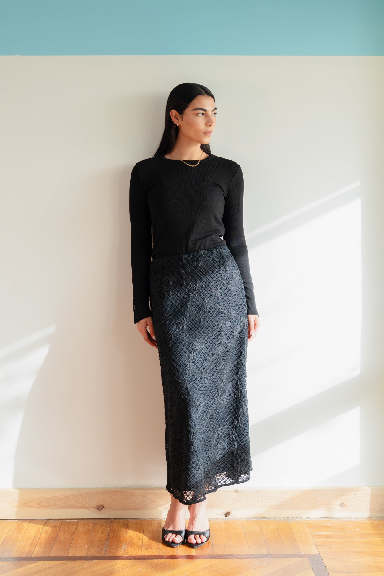Lace Organza Floral Skirt in Black