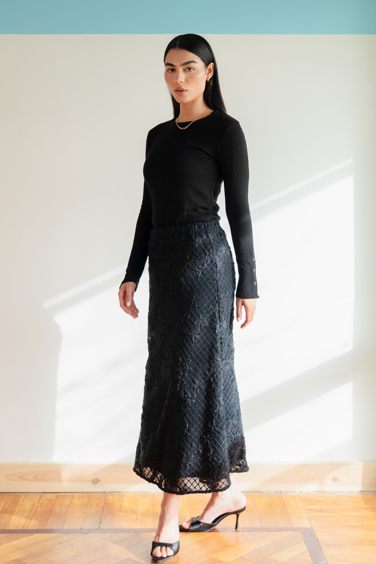 Lace Organza Floral Skirt in Black